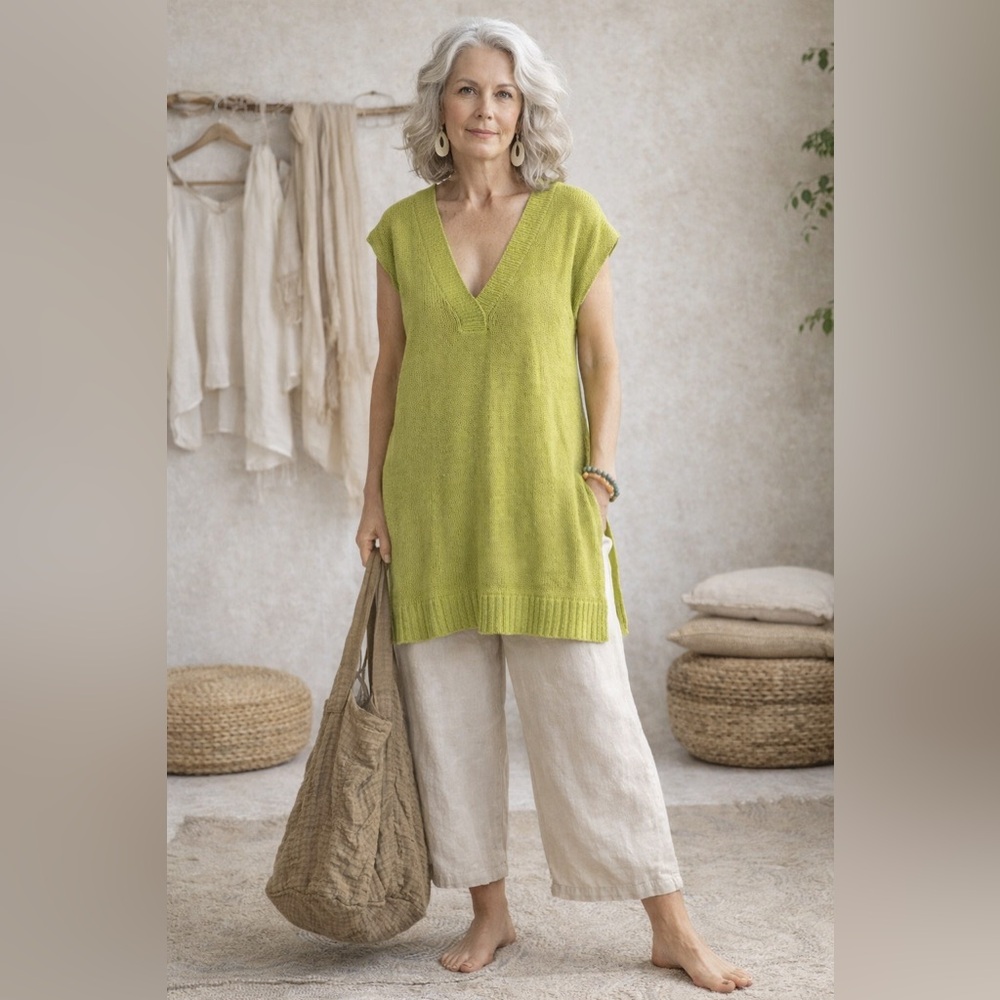 Eileen Fisher 100% Hemp Deep V-Neck Cap Sleeve Tunic Top Green Size Small